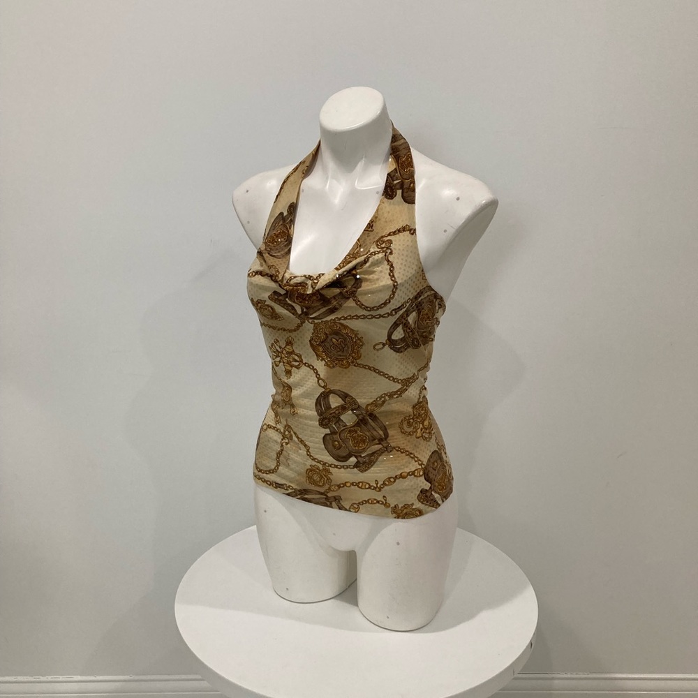 ARDEN B Cream Halter Western Chains Clear Sequins XS